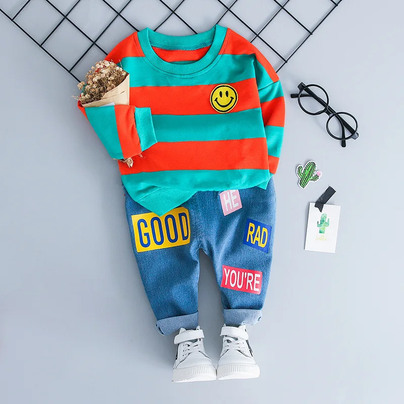 Baby boy's clothes baby girl's spring and autumn two-piece suit cotton striped smiley T-shirt pants | Детская одежда и