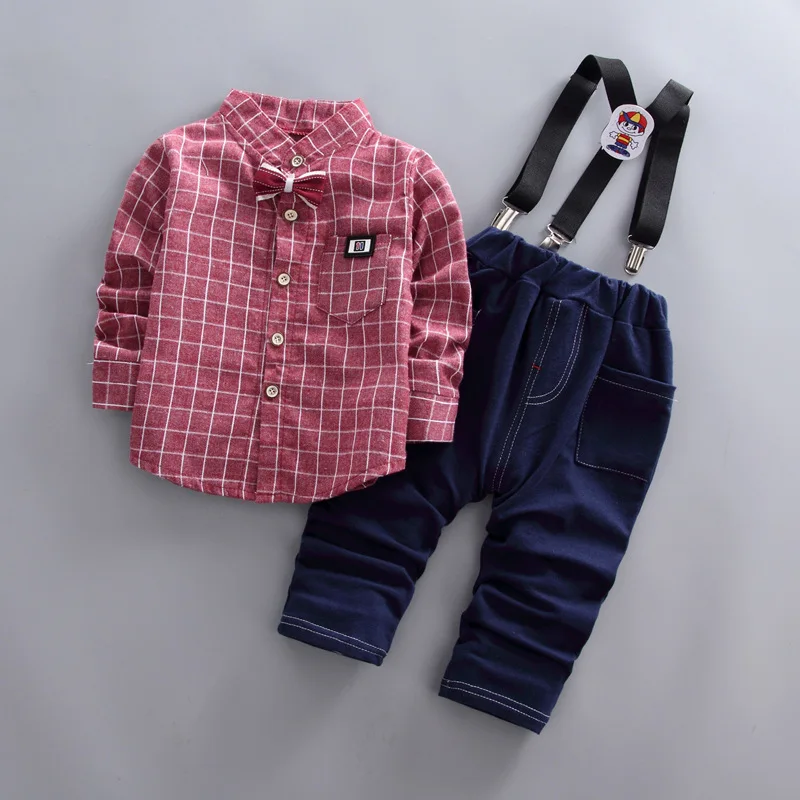 

Baby Boy Clothes Fashion Plaid Long Sleeved Shirts Tops + Overalls Two Piece Infant Clothing Kids Bebes Jogging Suits Tracksuits