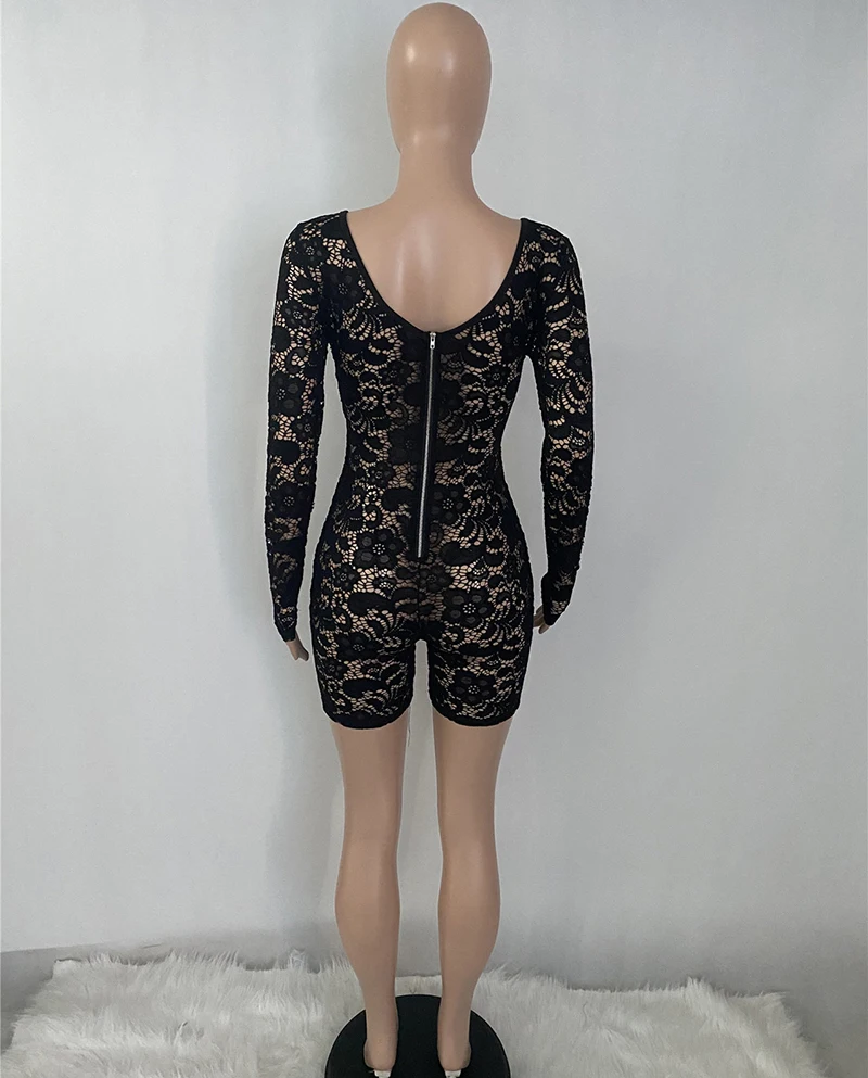 

Beyprern New Chic Hollow Out Lace Rompers Women Jumpsuits Long Sleeve Floral Embroidery Short Jumpsuits Tights Workout Overalls