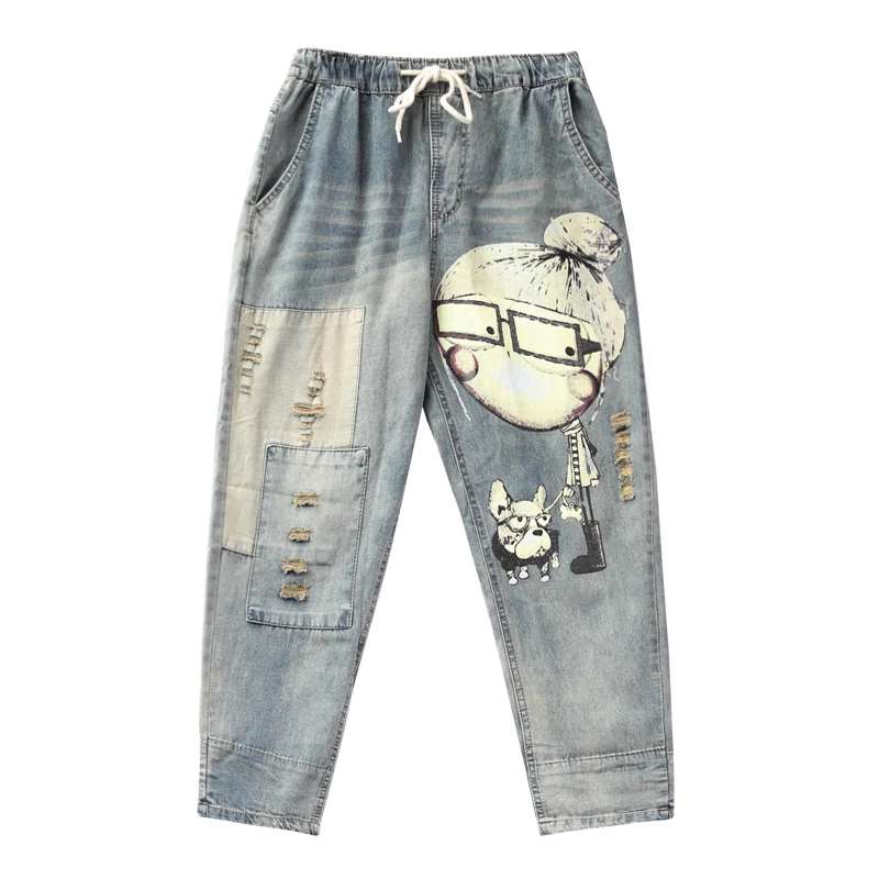 

Women Spring Autumn Fashion Brand Vintage Cartoon Dog Little Girl Print Denim Jeans Female Casual Frayed Harem Pants Trousers