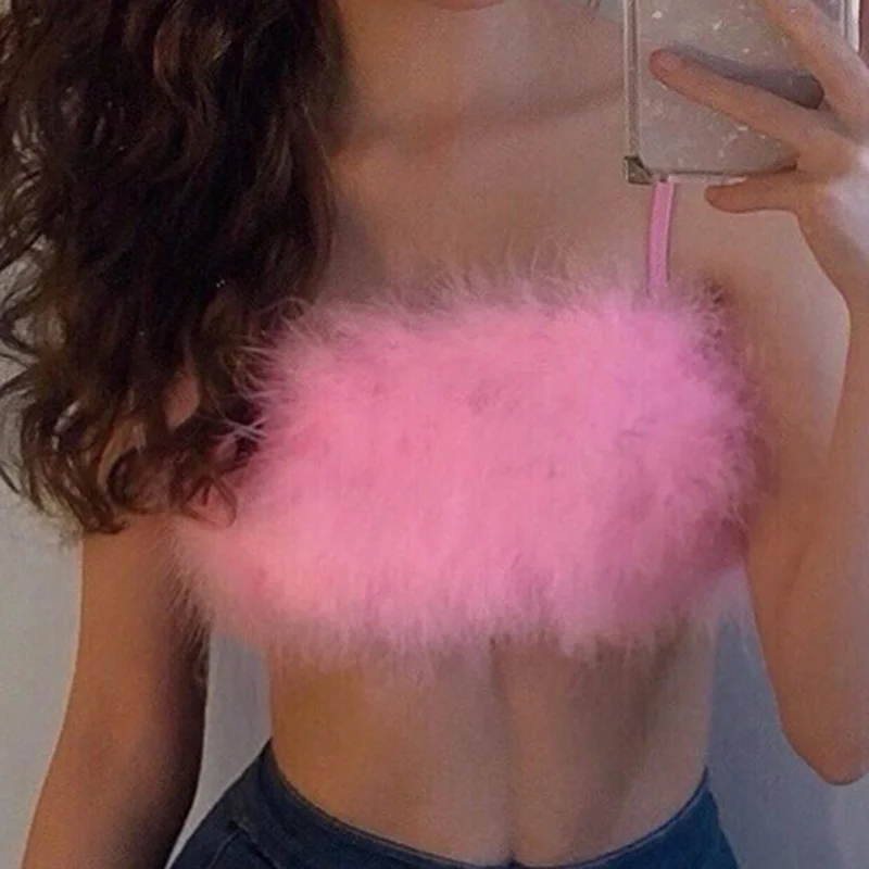 

Women Plush Spaghetti Strap Crop Tops Sleeveless Short Vest Tank Sling Club Wear Fashion Short Topless Tube Top 909-522