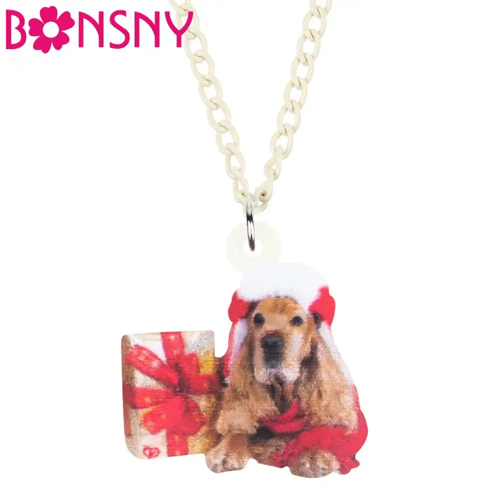 

Bonsny Acrylic Christmas Present Box Cocker Spaniel Dog Necklace Chain Animal Pets Pendant Jewelry For Women Teens Charms Gifts