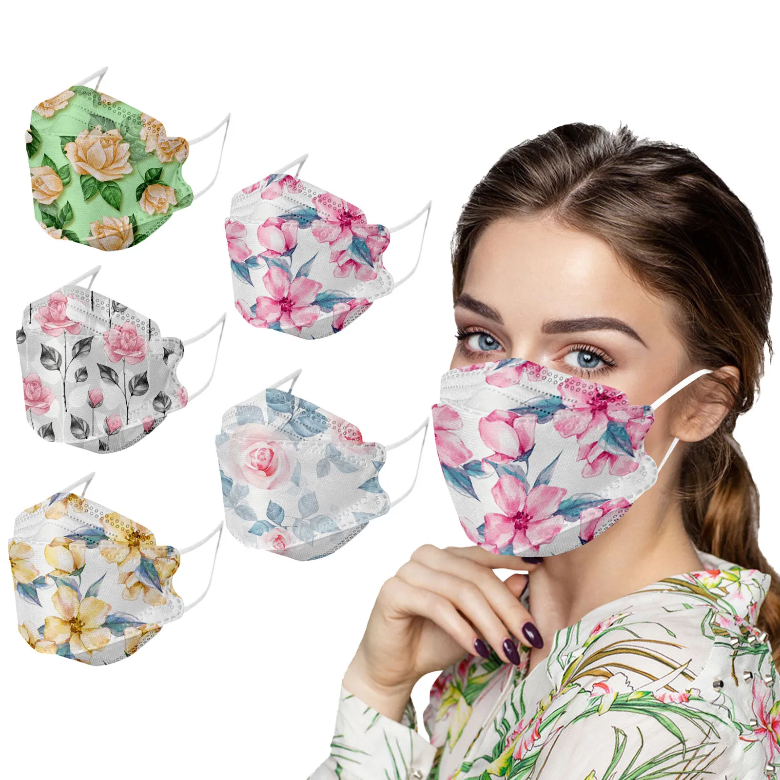 

50pcs Adult's Masks Flowers Printed Masque Mascarillas Halloween Cosplay Prevention Fish Face Mask Маска Для Лица Mondkapjes L*5