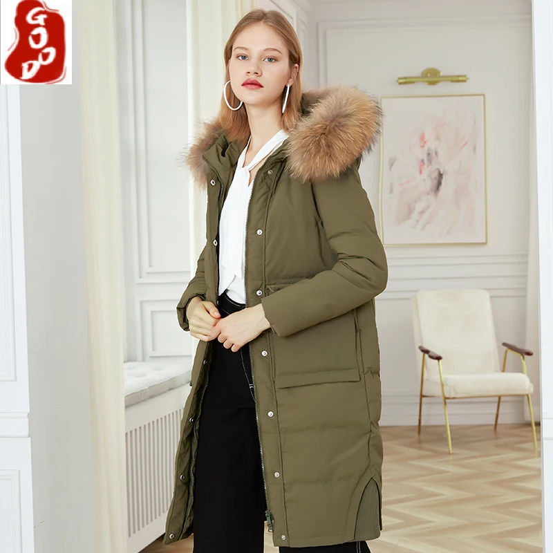 

Women's Winter Down Jacket Woman Natural Raccoon Fur Hooded White Duck Down Coat Female Winter Parkas Thick Warm Clothing 154415