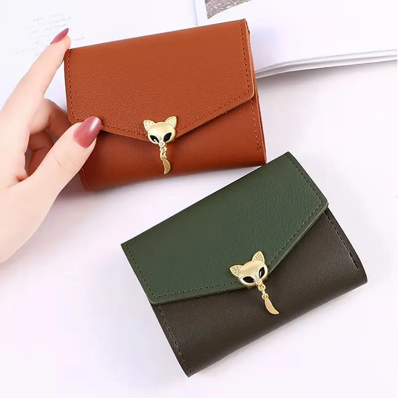 women's wallet Korean short student New fashion mini Little Metal fox logo lady card purse causal three folds small wallet 174