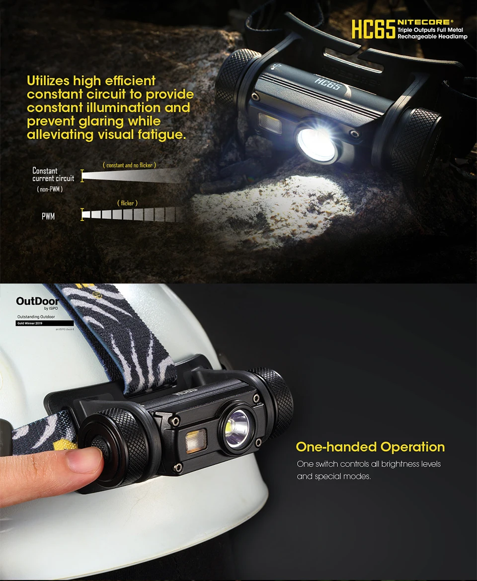 Nitecore HC65 налобный фонарь 1000LM тройной выход наружная Фара Водонепроницаемый фонарик Поддержка батареи 18650