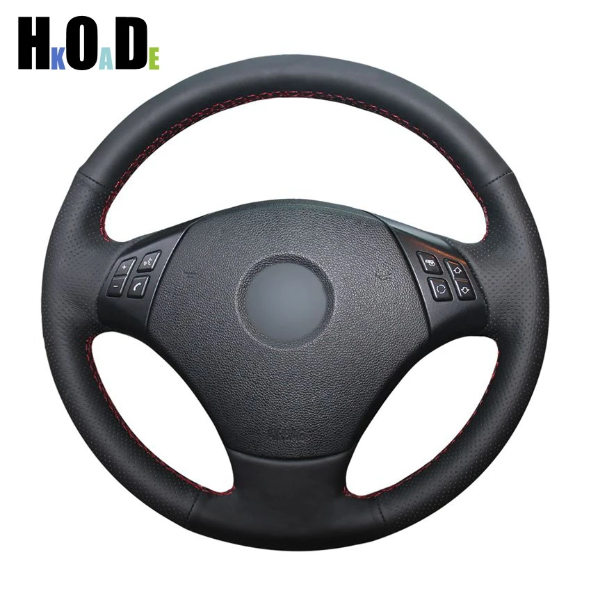 Сшитый вручную черный чехол рулевого колеса автомобиля из искусственной кожи