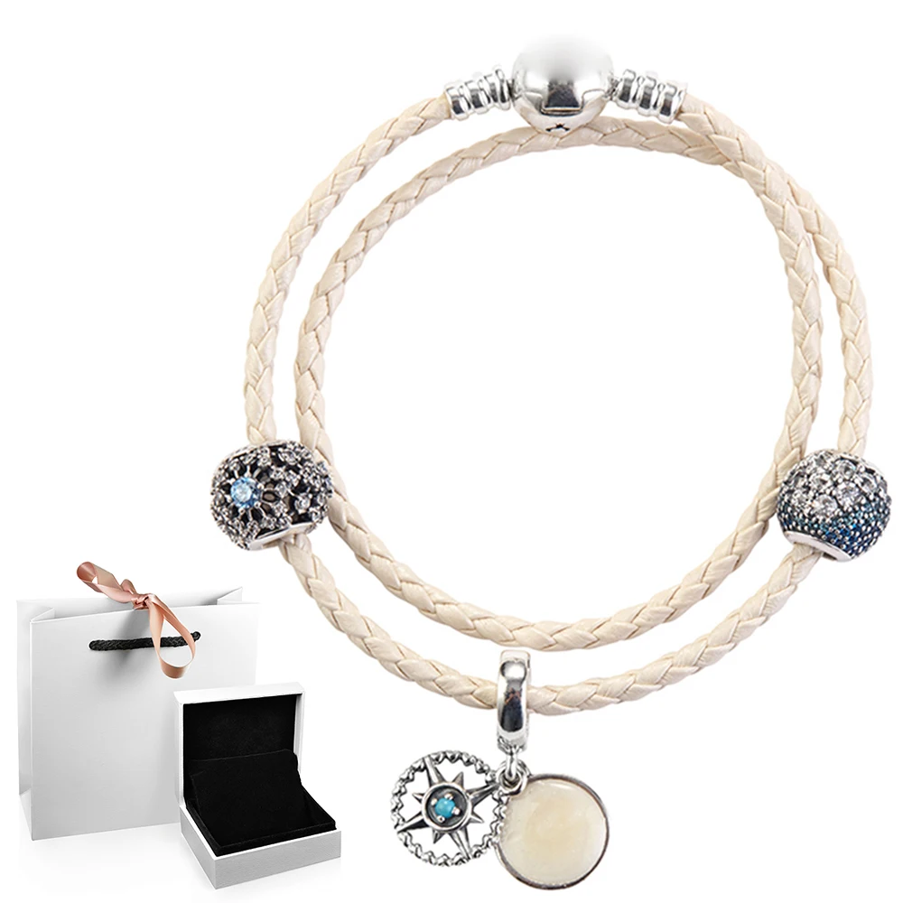 

2020 100% 925 Sterling Silver 1:1 Magic Series Wish Compass Hand Leather Bracelets DIY Beaded Bracelets New Set D459226