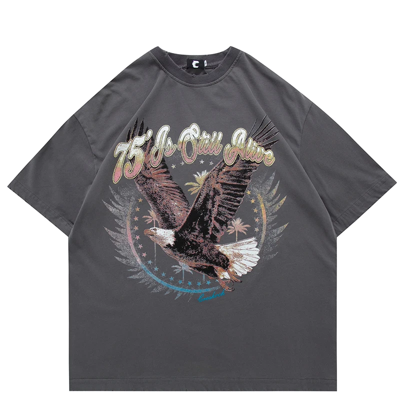 

Harajuku T Shirt Men Eagle Graphic Hip Hop Tops Nice Summer Vintage Frayed Oversized T Shirt for Men Streetwear Male T-shirts