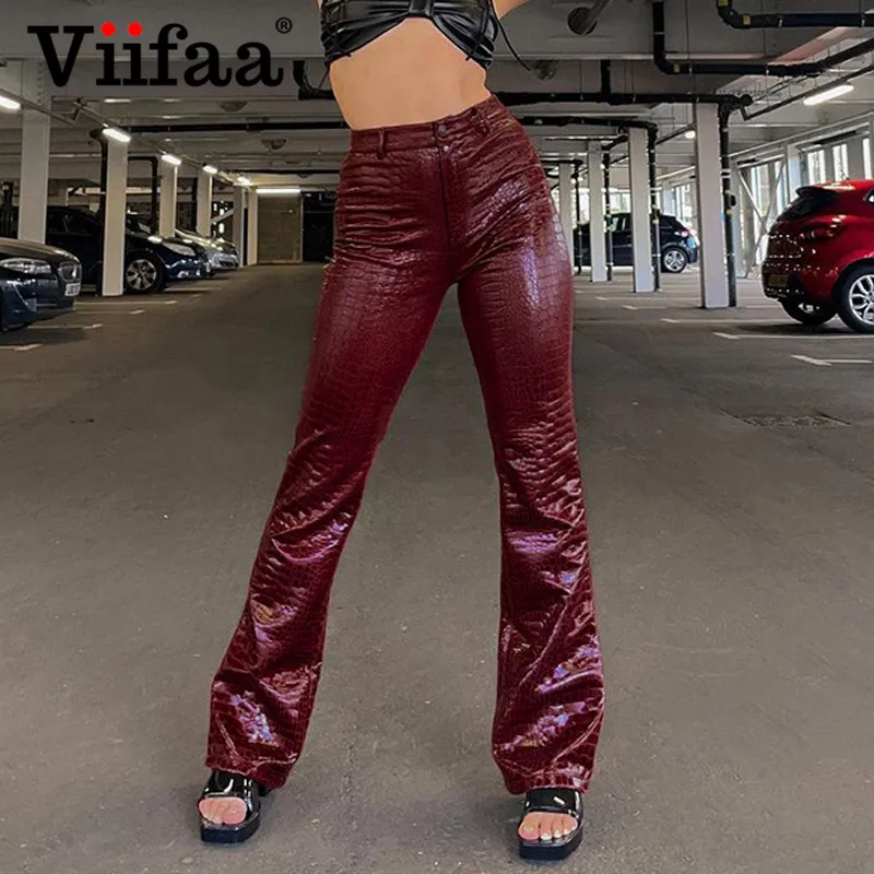 

Viifaa Crocodile Embossed PU Leather Slim Flare Pants 2021 Autumn Clothes Women Mid Waist Fashion Streetwear Pants