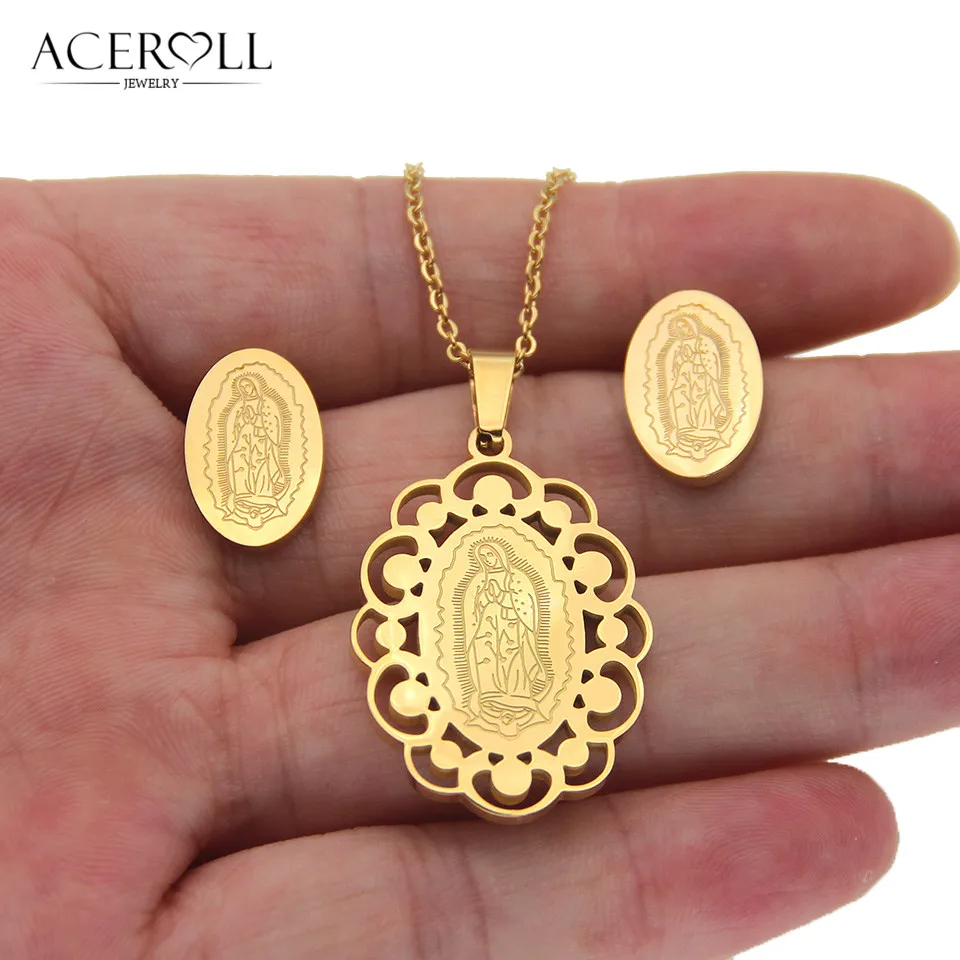 Асеролл из нержавеющей стали католические серьги и кулон ожерелье с овальной