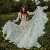 tiered lace boho long sleeves wedding dress open back deep v neck ribbon tulle garden beach a line nude 2022 bridal gowns