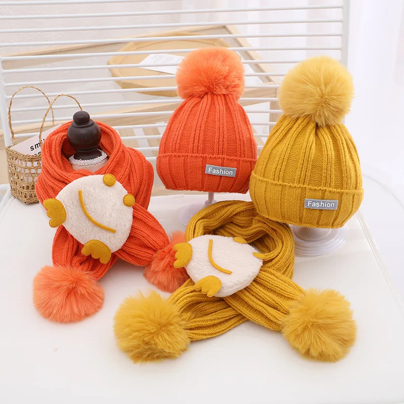 

Winter Hat For Kids Thickened Knitted Wool hat boys and girls Fashionable Warm Scarf two-piece Set