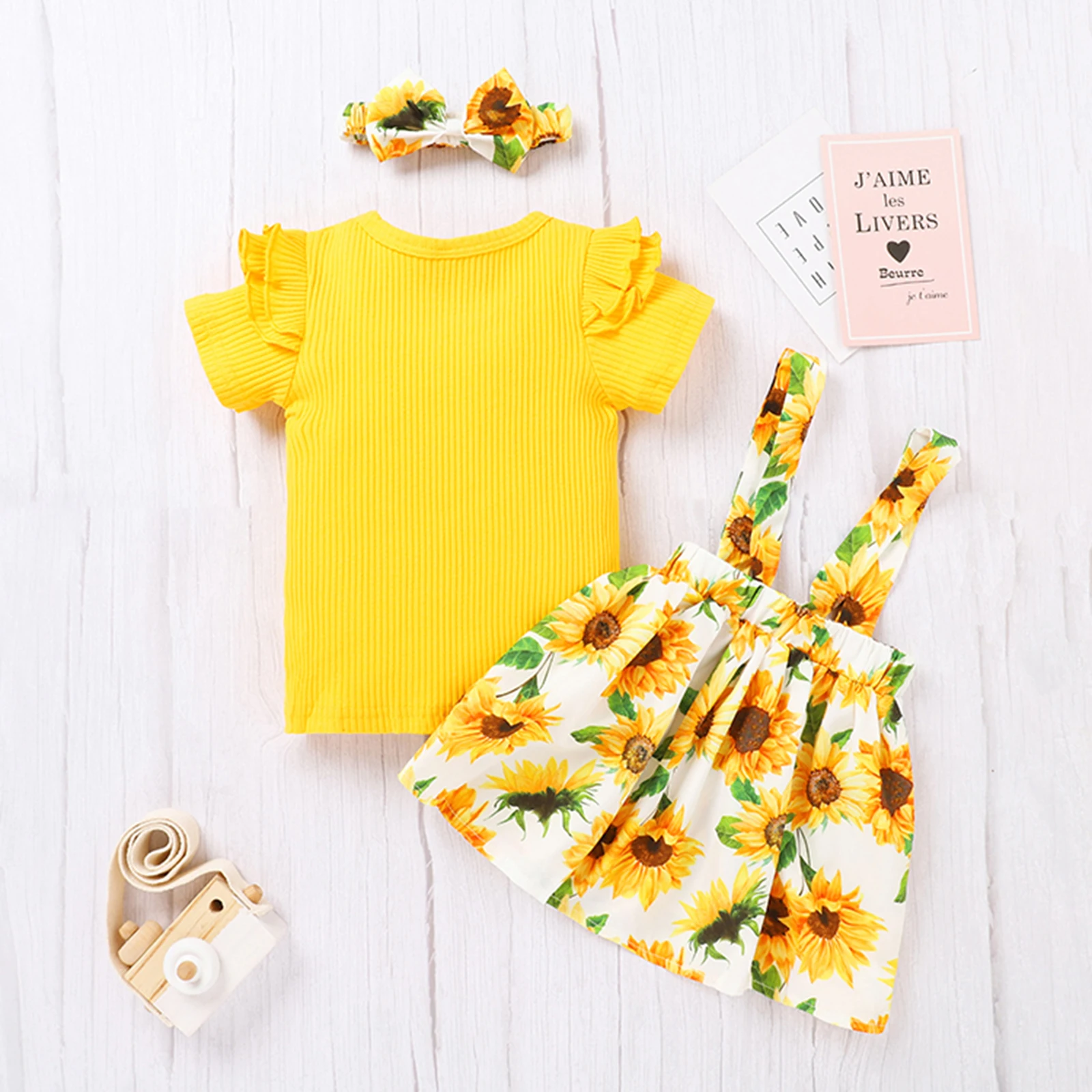 

Pudcoco 2021 Summer 3M-3Y Baby Girl 3Pcs Set Ruffled Short Sleeve Yellow Top+Sunflower Print Suspender Skirt+Headband Clothes