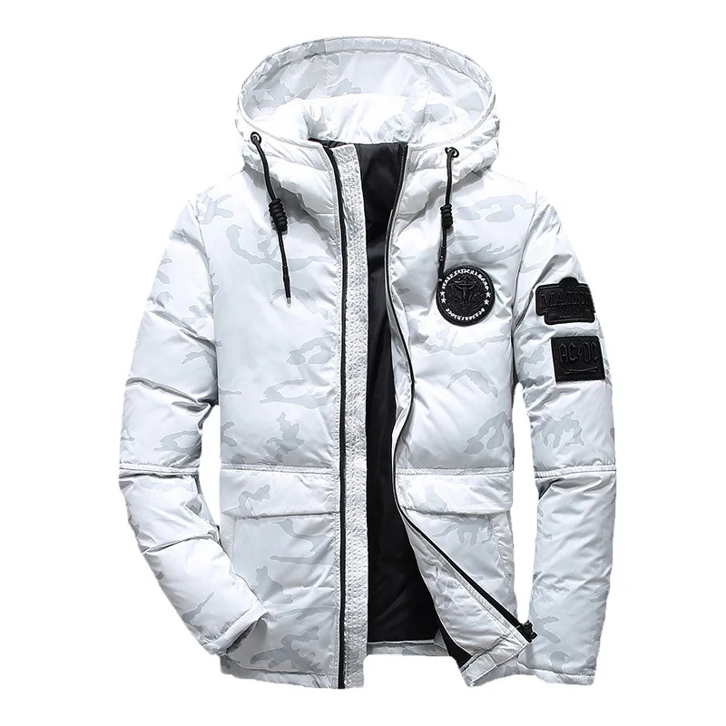 Белый Зимняя мужская куртка, качественное теплое плотное пальто, Зимняя Красная черная парка, Мужская теплая верхняя одежда, модная белая мужская куртка-пуховик на утином пуху - Цвет: Белый