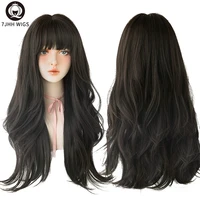 7jhh black brown long wavy wig with fluffy bangs for women to wear daily heat resistant synthetic wig