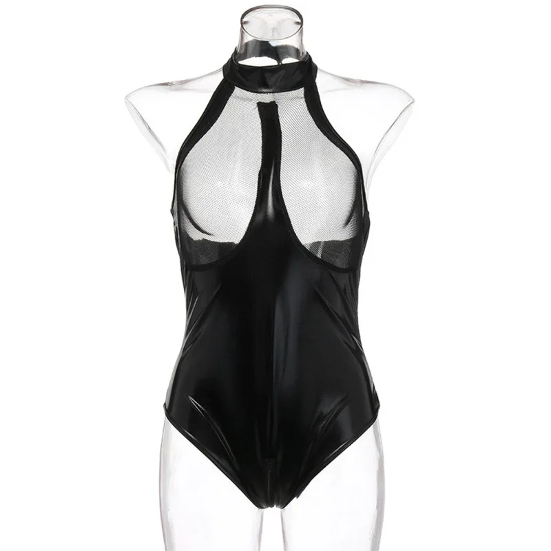 

Ladies Patent Lleather Conjoined Mesh Gauze Hollow Solid Color Conjoined Taste Sleepwear