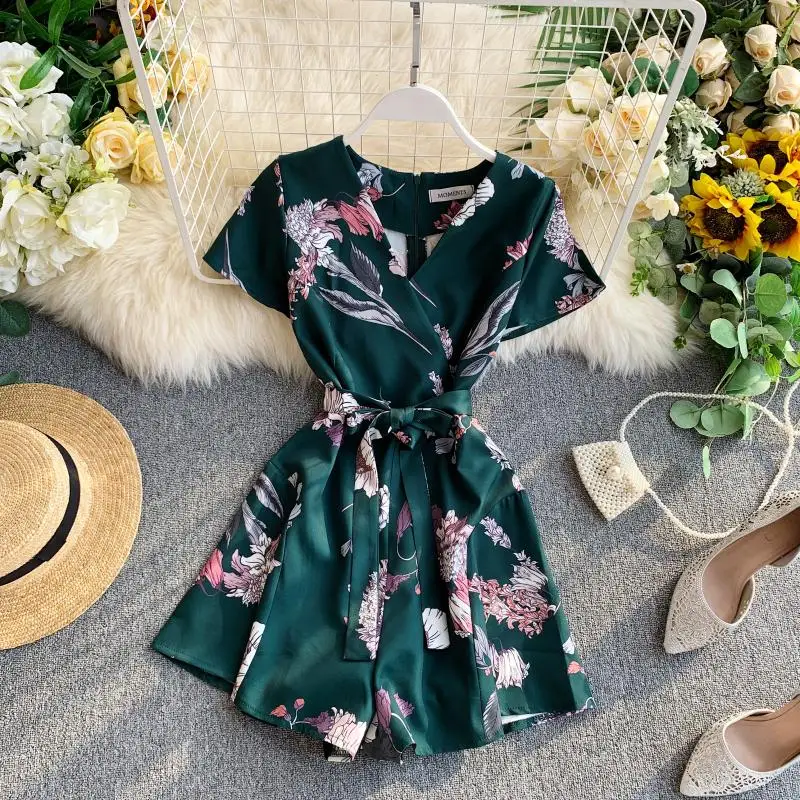 

FMFSSOM 2022 Beach Style Mini Rompers&Playsuits Floral Satin Lace Up Short Black Loose Women Summer Clothes
