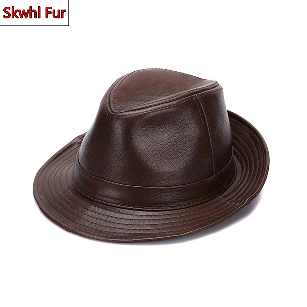 

Autumn Winter Warm Men Real Genuine Cowhide Leather Top Hats Men Fashion Real Cowhide Leather Caps Real Leather Fedoras Cap