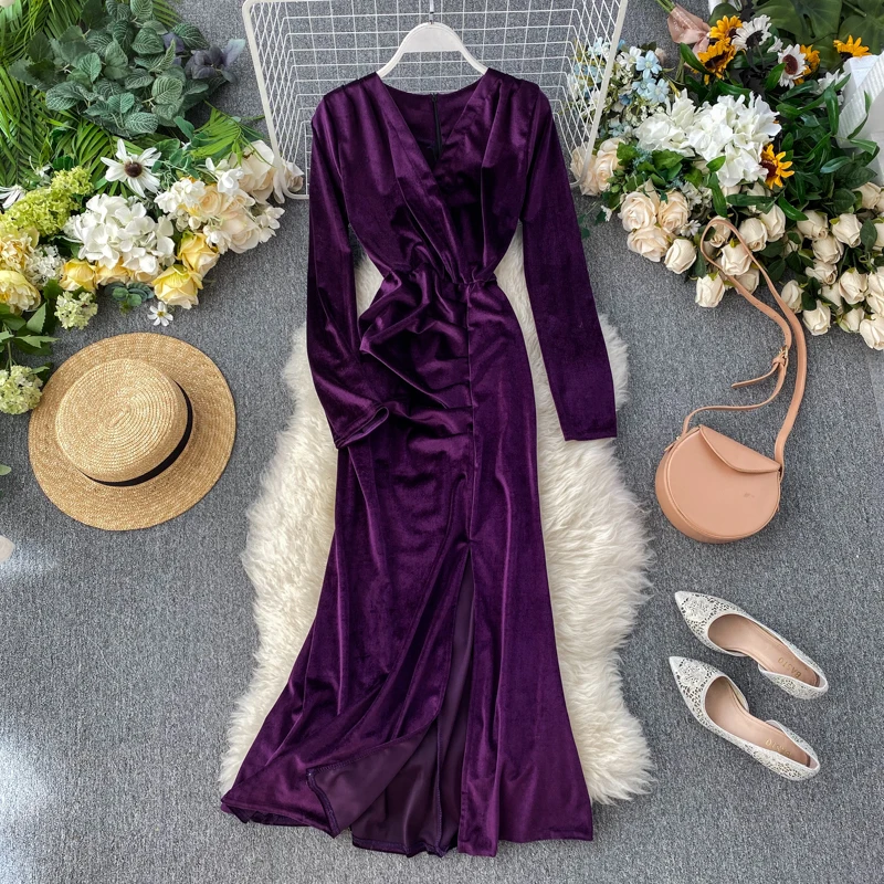 2019 Новая модная женская одежда бархатное платье с v образным вырезом для осени и