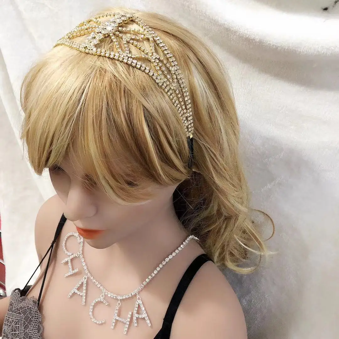 

2021 European and American fashion shining Rhinestone Crystal hairband headband delicate sweet bridal elastic headband chain