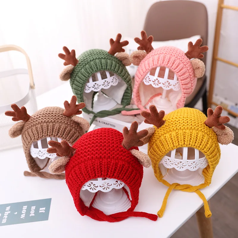 

Winter Baby Boy Girl Christmas Hat Cute Antler Knitted Cap Warm Windproof Infant Newborn Ear Bonnets Solid Color Kids Beanies