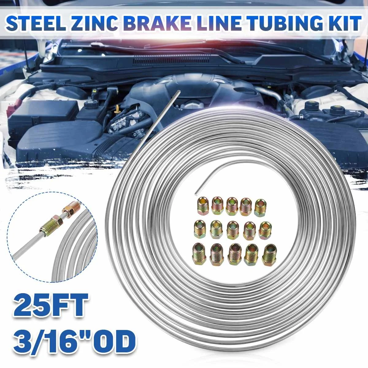 

25 FT 7.62M Coil Roll Tube of 3/16"OD Anti Rust Steel Zinc Brake Pipe Hose Line Fuel Tubing Kit with 15pcs Tube Nuts Fittings