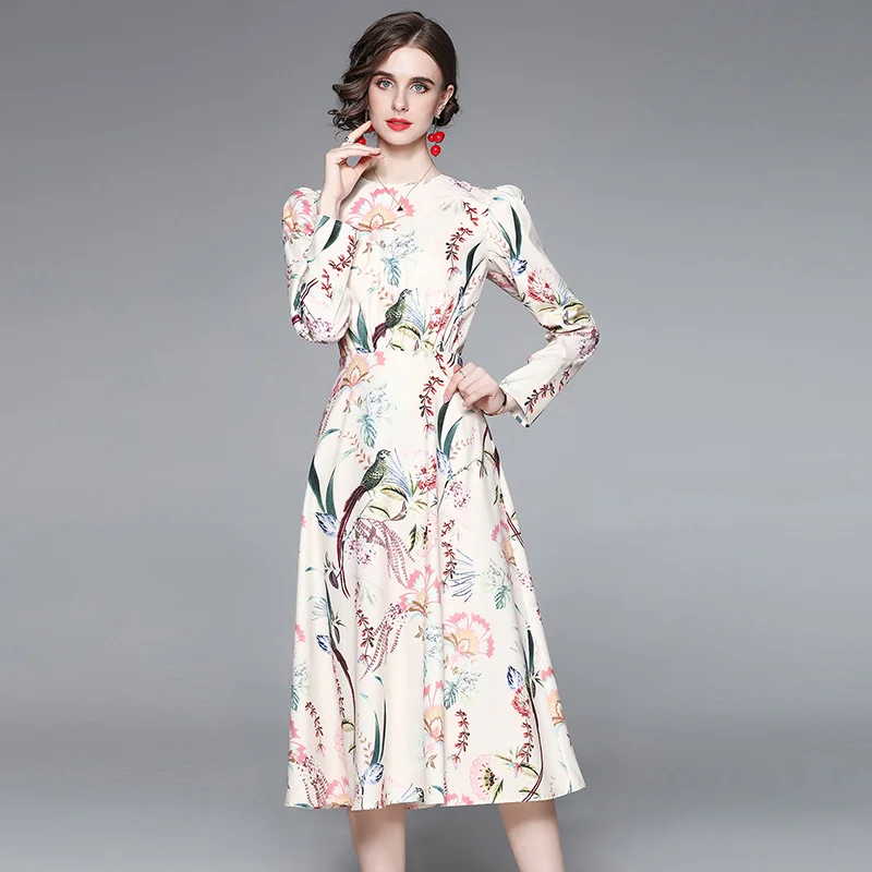 

JSXDHK 2021 Summer Autumn Midi Dress Plus Size Elegant Women O Neck Flower Print Long Sleeve Romantic Holiday Ball Gown Dress