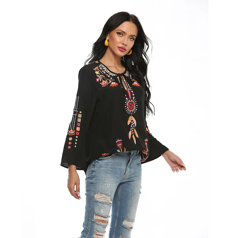Новые хлопковые Черные блузки с вышивкой в стиле бохо Женская хлопковая рубашка