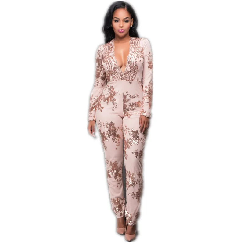 

Размера плюс леди с глубоким v-образным вырезом с длинным рукавом с вышивкой блестками пикантные Комбинезоны Клубные вечерние Queen Женские б...