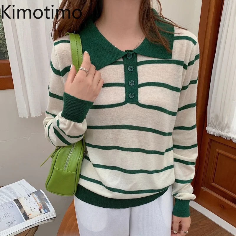 

Повседневный полосатый вязаный пуловер Kimotimo, женский корейский винтажный свитер с отложным воротником, Осенние новые офисные женские Топы ...
