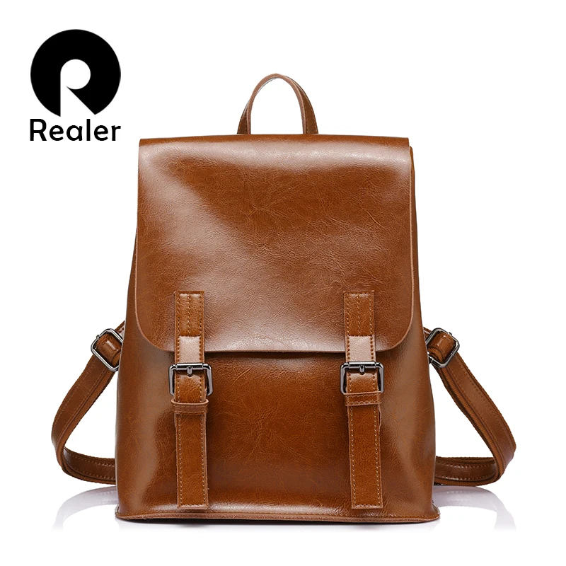 Realer Мода для девочек подростков масло воск яловичный спилок кожаные рюкзаки