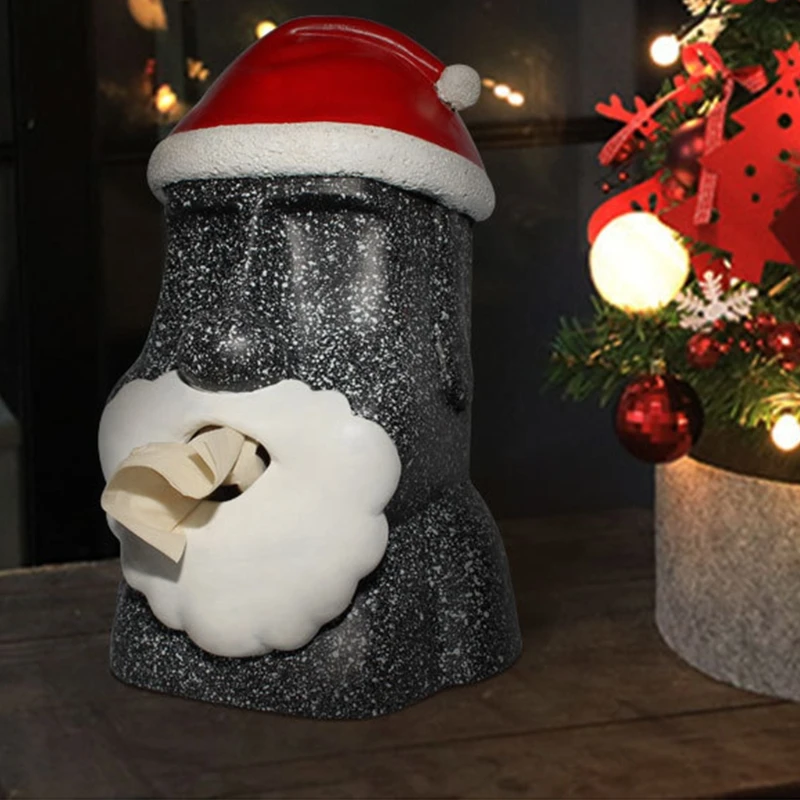 

Stone Face Moai Statue with Christmas Santa Hat Funny Resin Tissue Box Cover Easter Island Facial Towel Holder Decor
