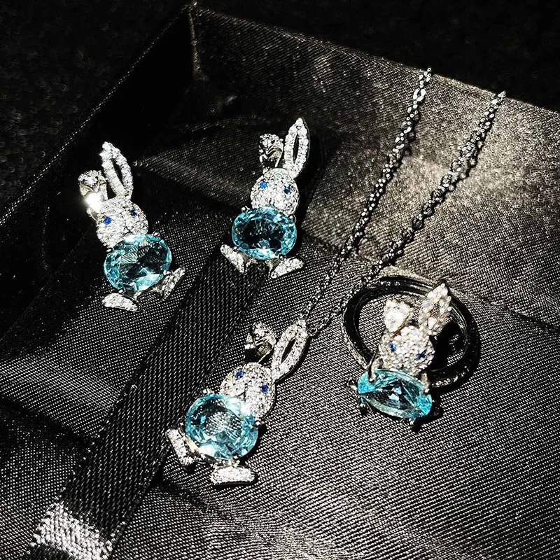 

Little Cute Rabbit Pendant Choker Jewelry Set Pave CZ Sky Blue Topaz Rabbit Necklace Bunny Stud Earrings Ring for Women Students