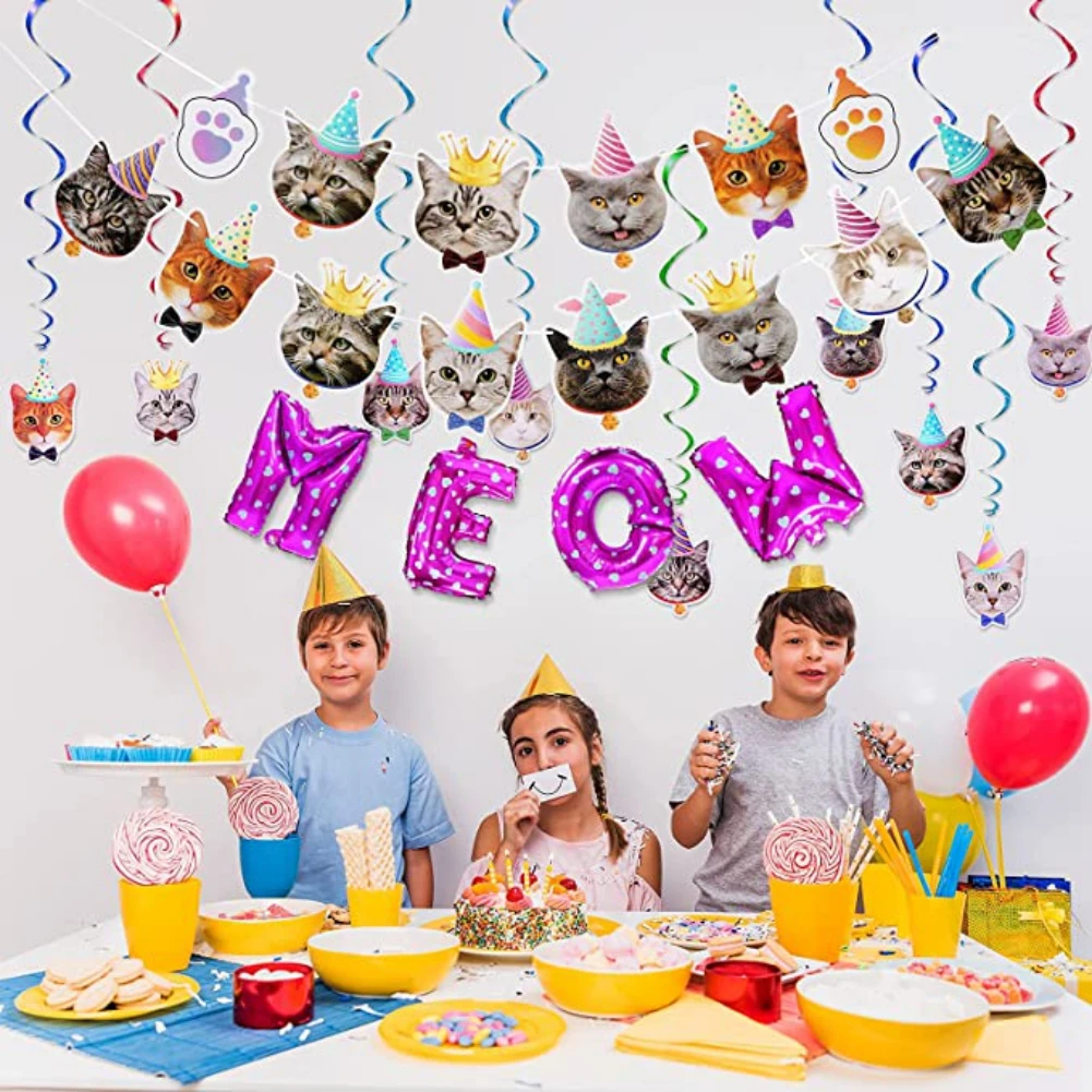 

New Pet Birthday Party Supplies Meow Letter Paw Print Balloon Pets Birthday Hat Happy Birthday Banner For Cat Birthday Party