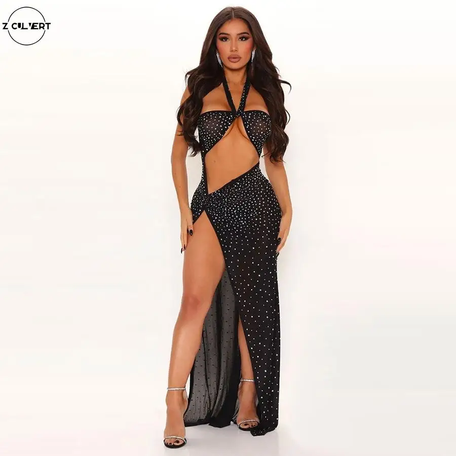 

Z Culvert 2021 Fall winter Fashion Sexy Halter Backless Hollow Out temperament Side Slit dresses Net yarn perspective V Neck