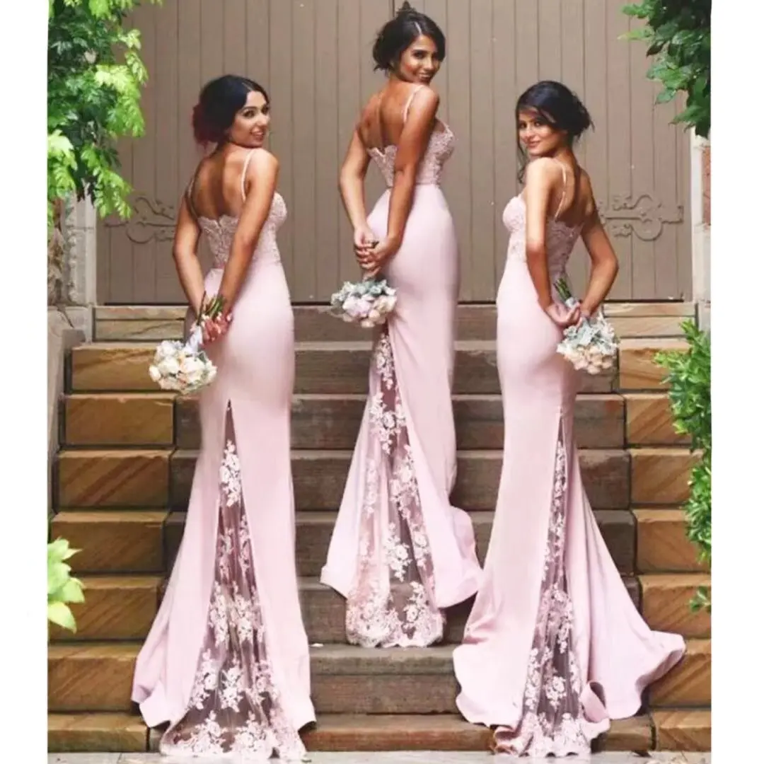 Women spaghetti-bearers lace satin bridesmaids dresses Applique prom dresses mermaid bridesmaids dre