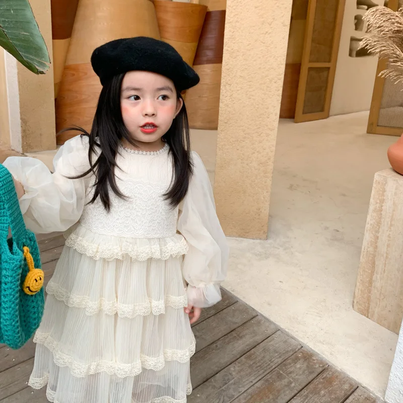 

Autumn New Arrival Korean style long sleeve fashion hot selling princess girl lace cake long dress for cute sweet baby girls