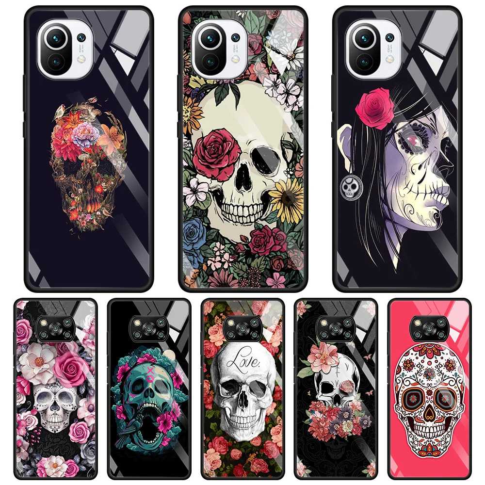 

Tempered Glass Case For Xiaomi Poco X3 NFC M2 F2 Pro Cover For MI 11 Ultra 11 10 10T Lite 9T CC9E CC9 Note 10 Shell Flower Skull
