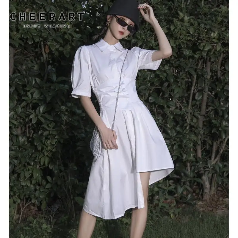 Женское асимметричное платье с рукавами фонариками CHEERART Белое и черное туника