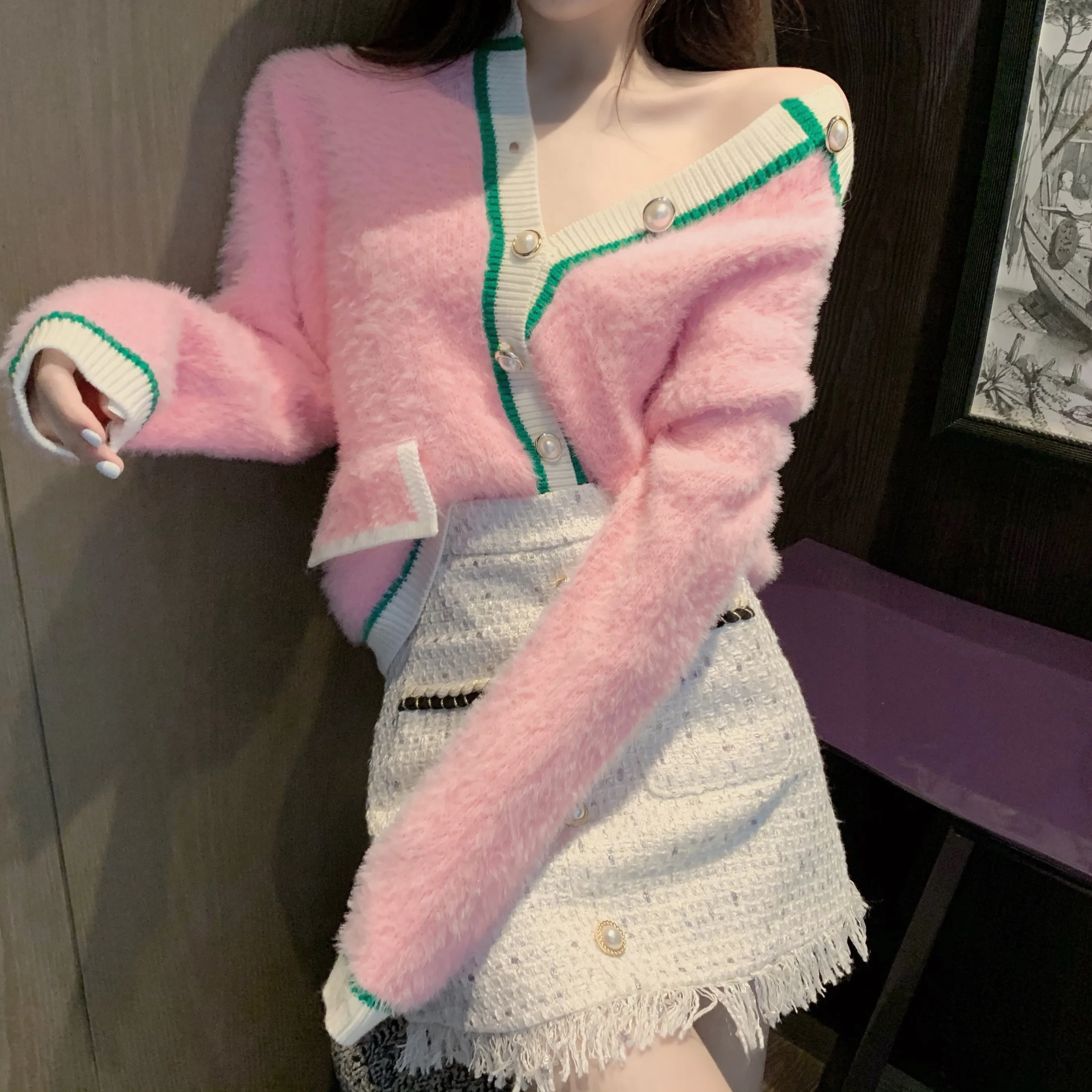 Женский укороченный свитер Ulzzang розовый свободный дизайнерский кардиган в