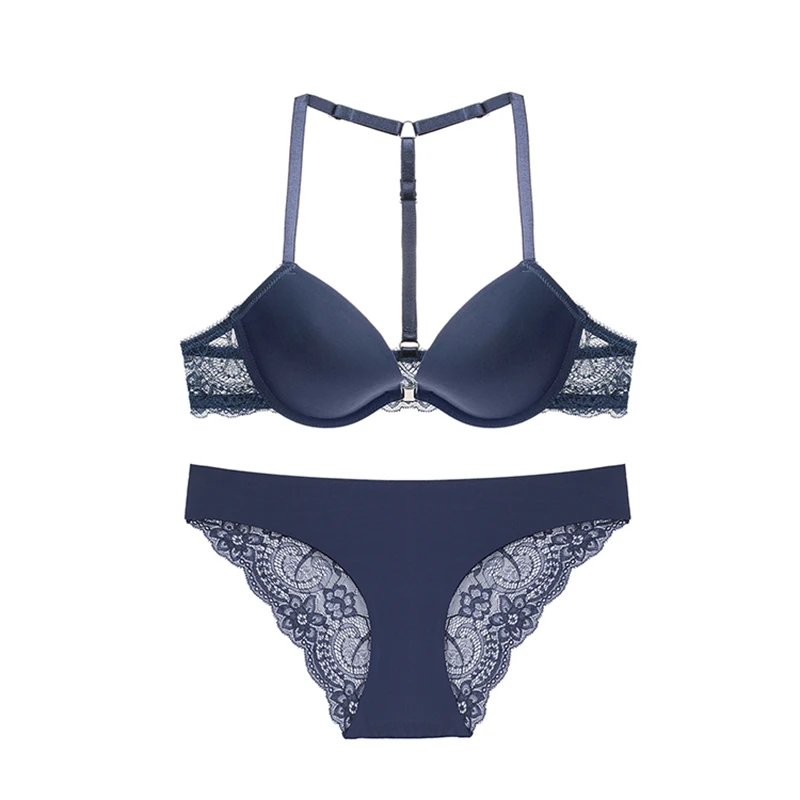 

Elovegirl Sexy Thicken Front Closure Bra And Panties Embroidery Set Lingerie Set Beauty Back Black Women Underwear Set