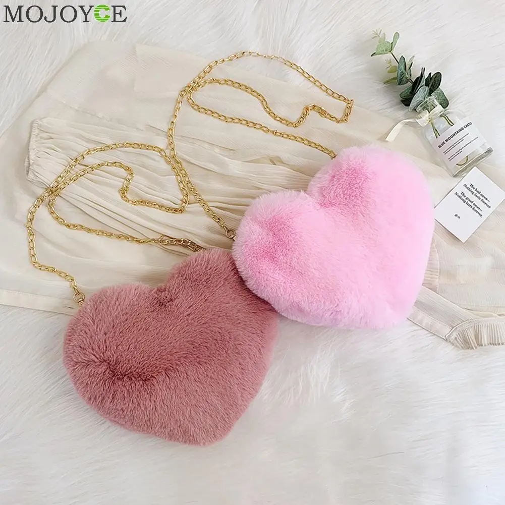 

Love Heart Shaped Messenger Bag Women Girl Plush Soft Chain Money Purse Handbag Autumn Winter Small Shoulder Mobile Phone Pouch