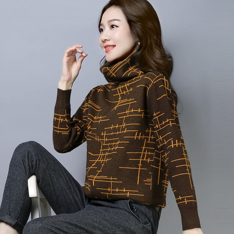 

New Elegant Fashion Women Autumn Winter pullover striped plus size sweater ethnic turtleneck sweater bottoming shirt