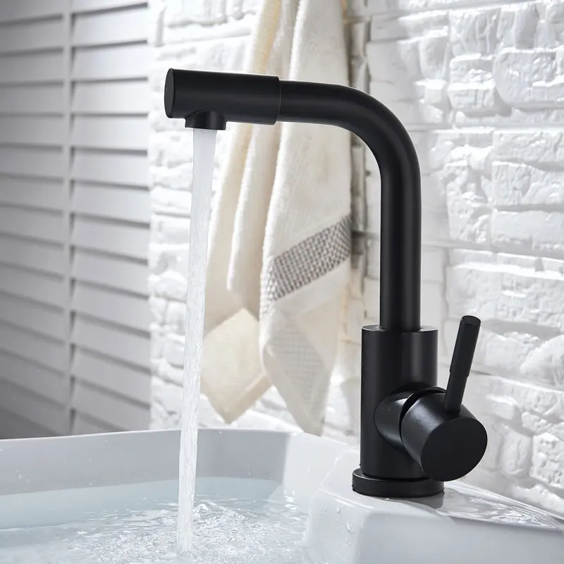 

Black Modern Bathroom Basin Faucet Stainless Steel Hot Cold Wash Mixer Crane Tap Free Rotation Sink Faucets Single Handle