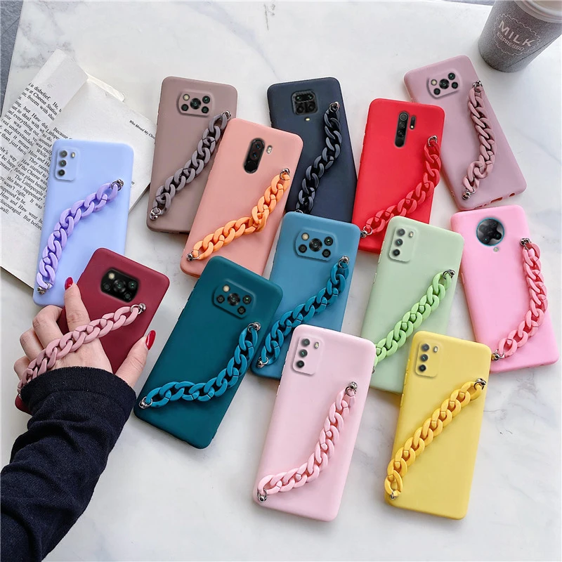 Candy Color Silicone Wriststrap Bracelet Chain Phone Case For Xiaomi Mi Poco X3 Pro Nfc F3 M3 Pro Soft Tpu Cover