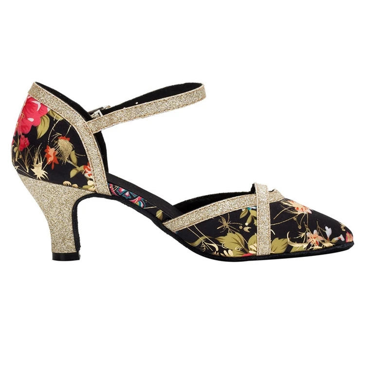 Женские латинские танцевальные туфли HXYOO Jazz Salsa с заостренным носком из сатина на мягкой подошве с цветочным узором черного и золотистого цветов CW008.