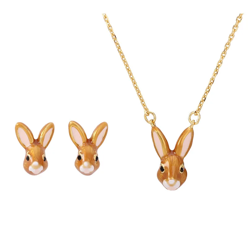 

MIQIAO Colored Enamel Porcelain Rabbit Vintage Pendant Collar Chains Necklace Stud Piercing Earrings Jewelry Set for Women Gift