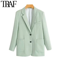 traf women fashion office wear single breasted blazers coat vintage long sleeve pockets female outerwear chic tops
