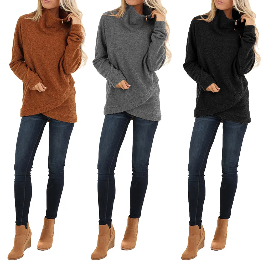 

Women's Zipper Sweatshirts Long Sleeve Tops Solid Color Sweart Pullover Casual Sweatshirts Up Blouse For Female Autumn Winter
